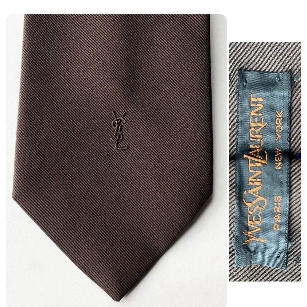 Vtg Yves Saint Laurent Brown Necktie Tie 2.75 x 57 Embroidered Logo